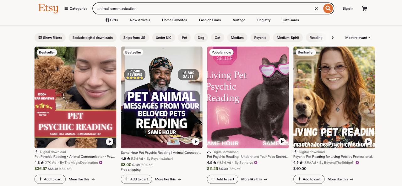 Screenshot of an Etsy page listing animal communication services.
