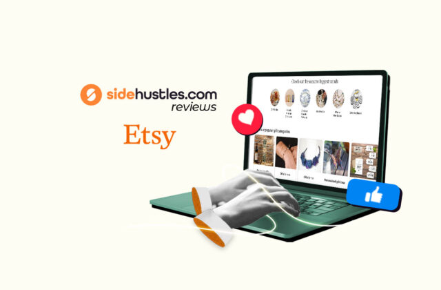 Hands of an Etsy seller typing on a laptop open to product listings in their Etsy store