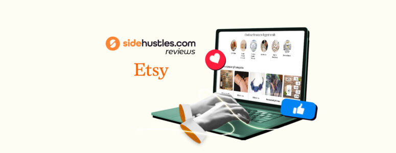 Hands of an Etsy seller typing on a laptop open to product listings in their Etsy store