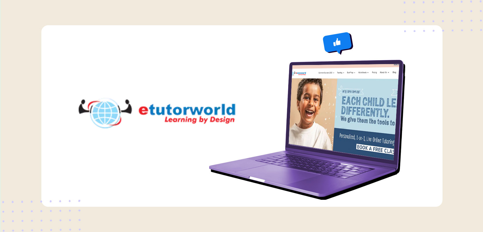 Laptop screen showing the eTutorWorld website