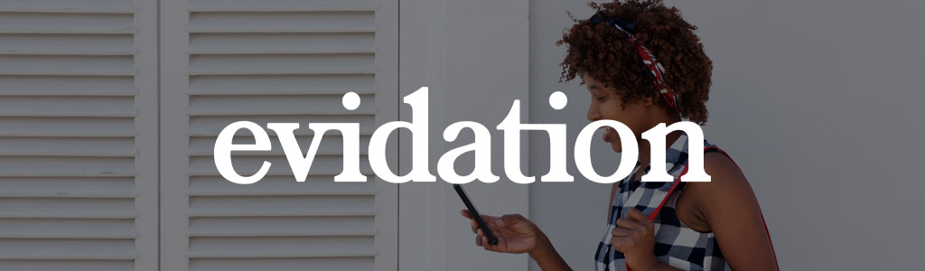 Evidation logo against a background showing a woman looking at her smartphone