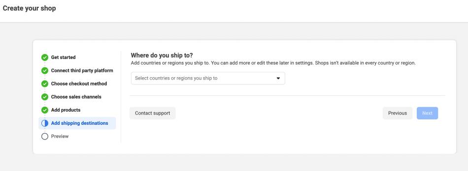 Screenshot of Facebook’s “Add shipping destination” interface.