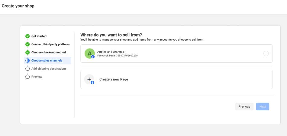 Screenshot of Facebook’s “Choose sales channel” interface.