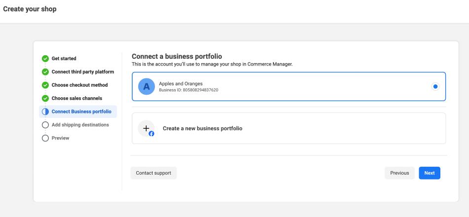 Screenshot of Facebook’s “Connect business portfolio” interface.