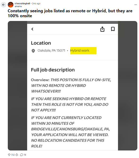 Screenshot of a forum post showing a job listing tagged as hybrid with an on-site disclaimer in the description.
