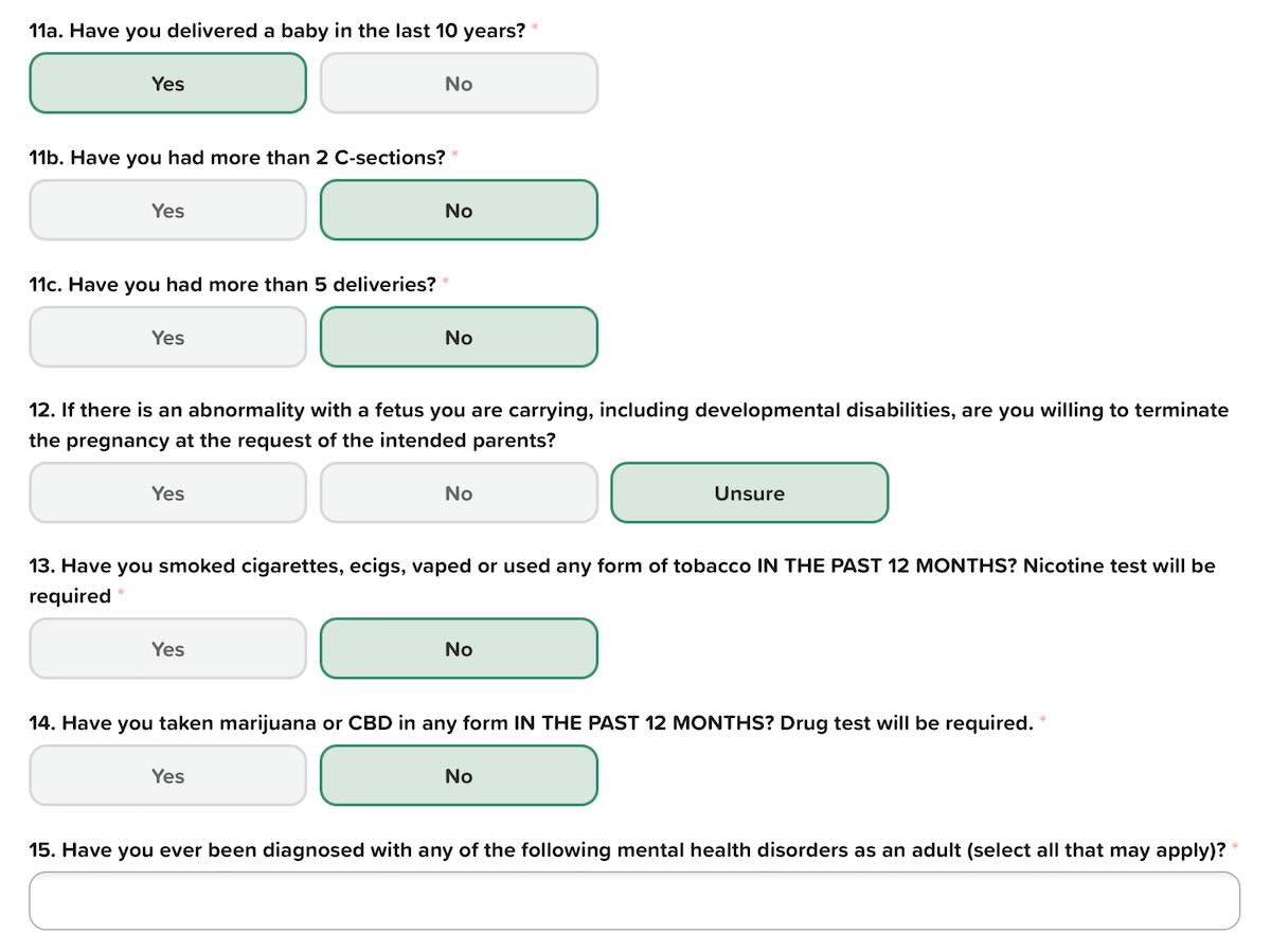 Screenshot of prescreening questions for Family Inceptions surrogates.