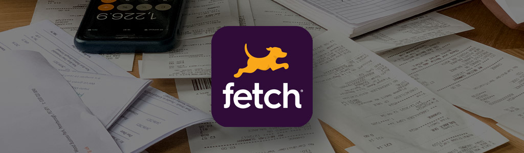 Fetch logo against a background of receipts piled up on a table next to a calculator 