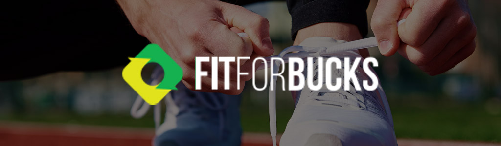 FitForBucks logo against a background showing someone leaning down and tying their shoe on a walk