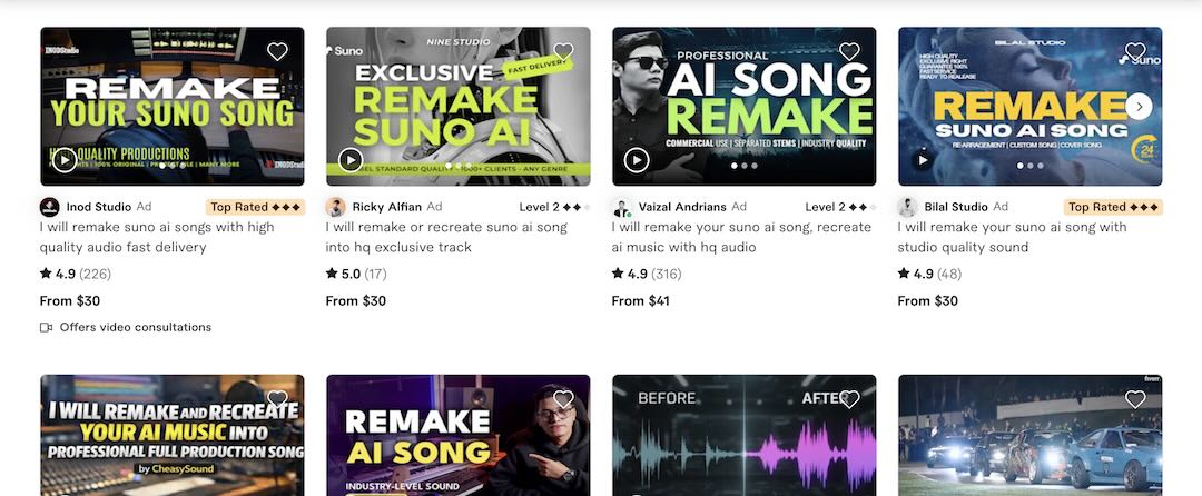 Screenshot of Fiverr interface, showing users offering mixing and mastering for Suno-generated songs.