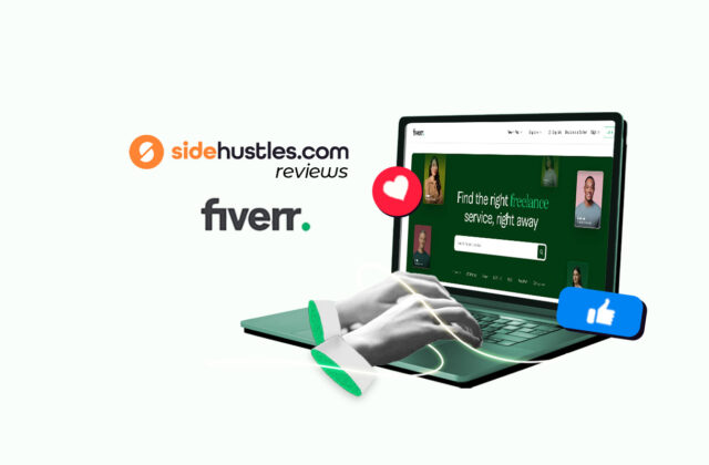 Hands of a Fiverr freelancer typing on a laptop that's open to the Fiverr website homepage