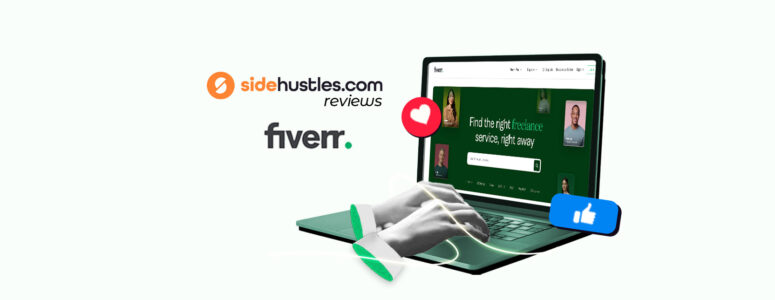 Hands of a Fiverr freelancer typing on a laptop that's open to the Fiverr website homepage