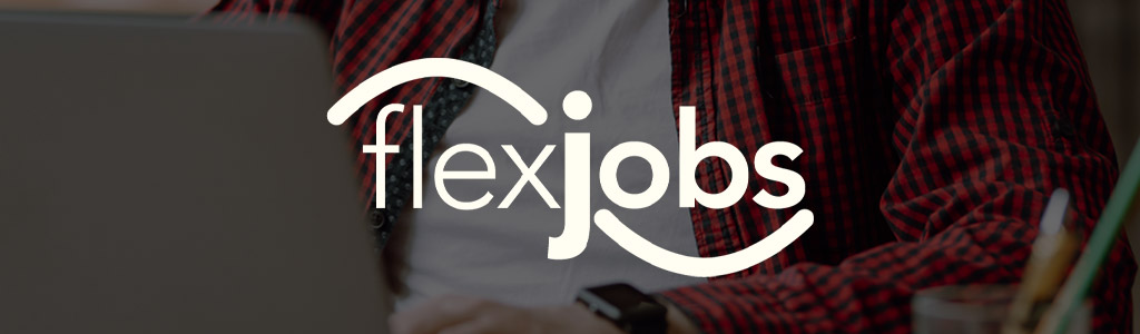 FlexJobs logo against a darkened background showing a male freelancer using a laptop