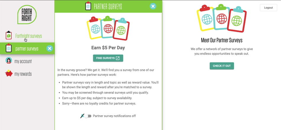 Predicted daily earnings of $5 from partner surveys on Forthright.