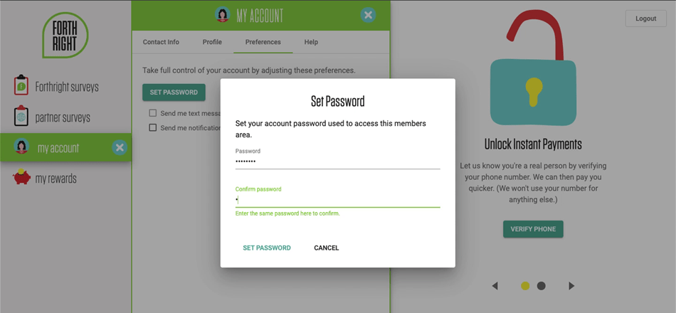 Creating a password for the Forthright survey site.