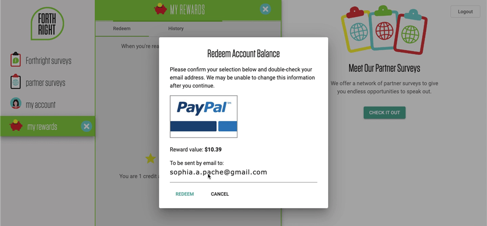 Redeeming PayPal rewards on the Forthright survey site.