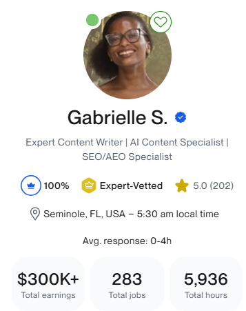 Screenshot of freelance writer Gabrielle Seunagal's Upwork profile.