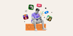 Man sitting on wall playing a game on his phone surrounded by logos of games that pay real money
