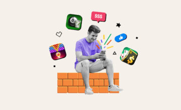 Man sitting on wall playing a game on his phone surrounded by logos of games that pay real money