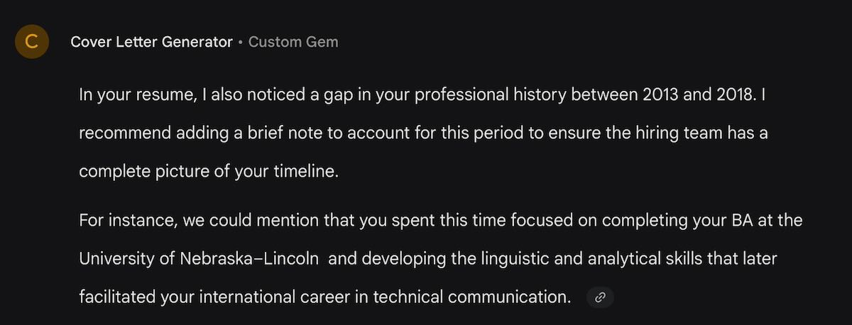 The Side Hustles cover letter generator pointing out a potential red flag.