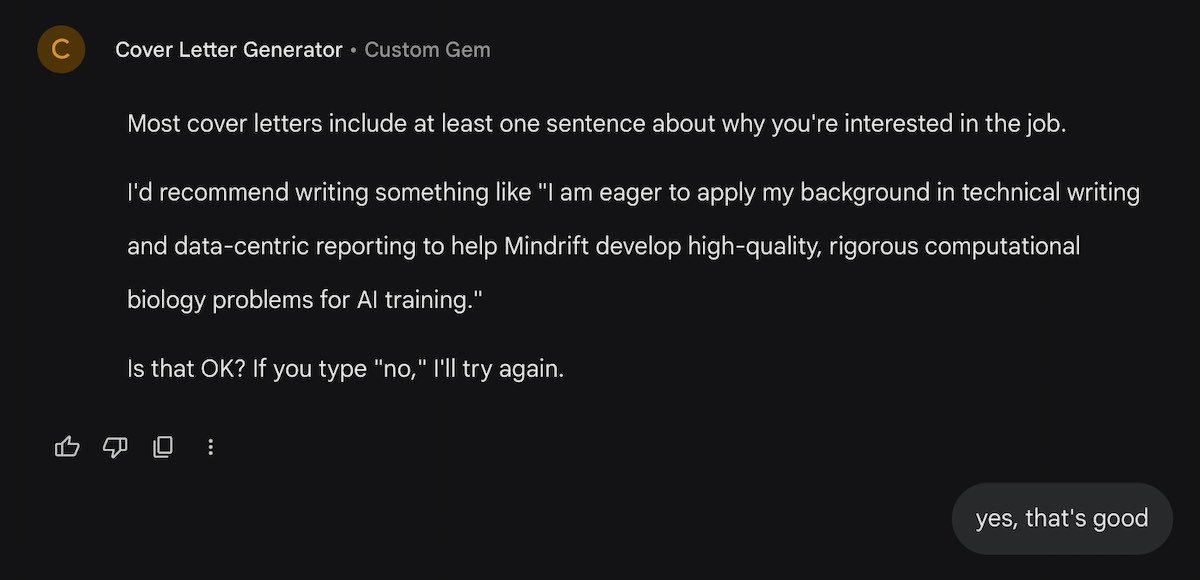 The Side Hustles cover letter generator suggesting a sentence.