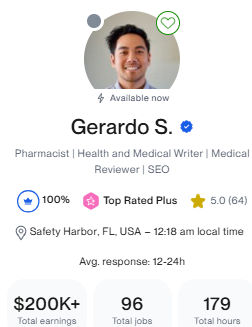 Screenshot of Gerardo Sison's Upwork profile.