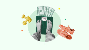 Money fanned out in front of someone standing on a scale representing getting paid to lose weight.