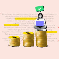 Freelancer proofreader sitting on a large stack of coins