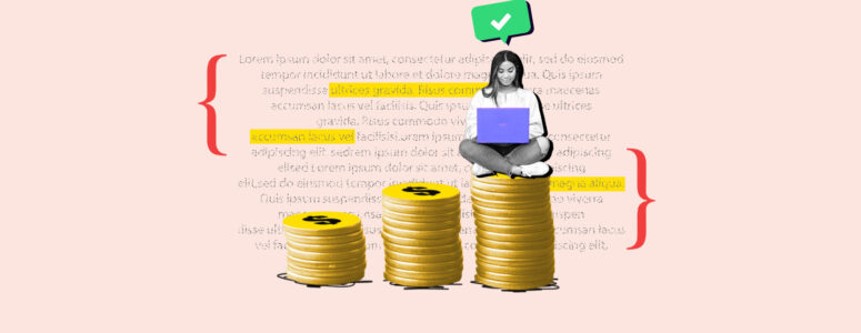 Freelancer proofreader sitting on a large stack of coins