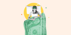 Woman lying in bed under a dollar-patterned blanket representing getting paid to sleep as a side hustle