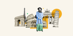 Woman with a suitcase standing in front of famous landmarks representing a side hustle where you get paid to travel