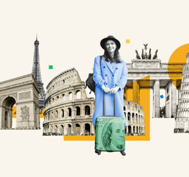 Woman with a suitcase standing in front of famous landmarks representing a side hustle where you get paid to travel