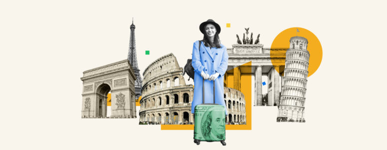 Woman with a suitcase standing in front of famous landmarks representing a side hustle where you get paid to travel