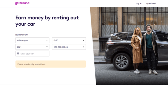 Screenshots of the Getaround mobile app for renting out your car for profit