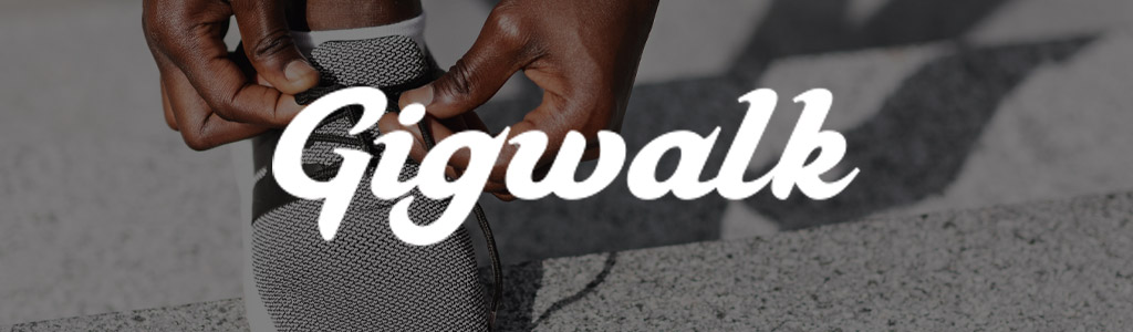 Gigwalk logo against a background showing someone bending down to tie their shoe