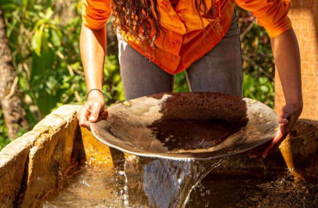 Person panning for gold in a trough of water.