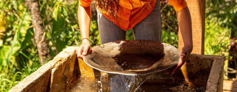 Person panning for gold in a trough of water.