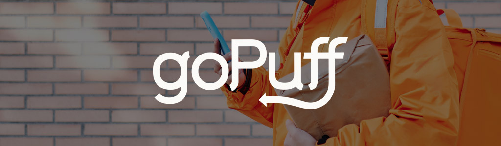 Gopuff logo against the background of a delivery driver using the Gopuff app 