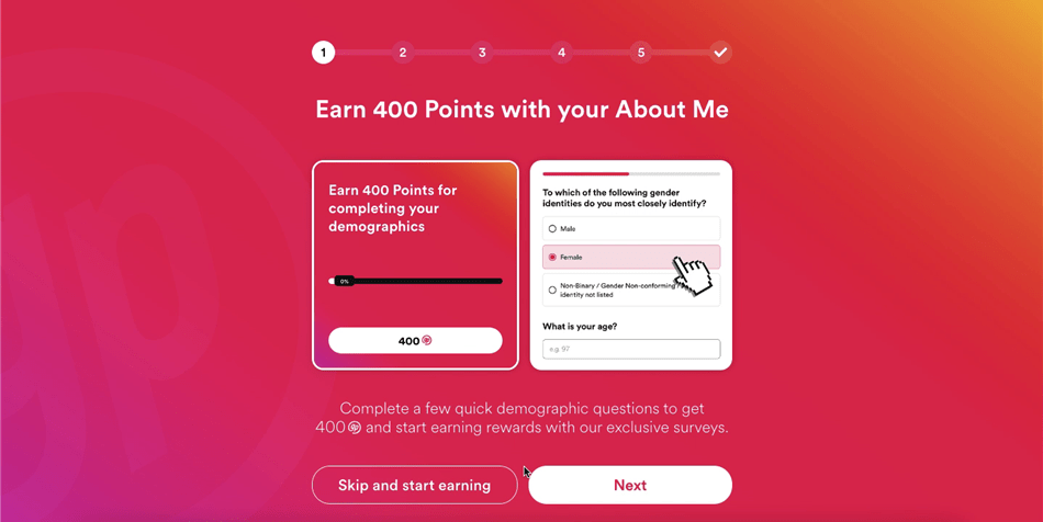 Rewards for completing the About Me questionnaire on GrabPoints.