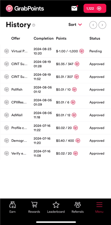 Viewing rewards in a GrabPoints account ledger. 