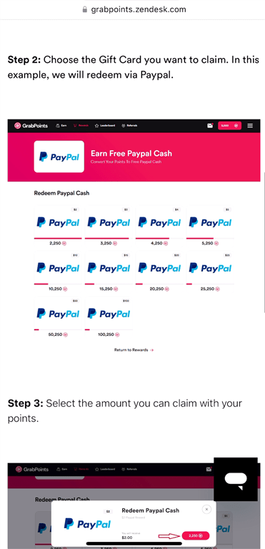 GrabPoints help page showing less favorable exchange rates for PayPal redemption.