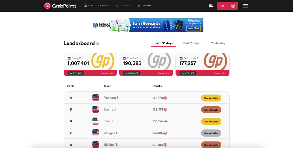 Viewing top 30-day rankings on the GrabPoints leaderboard.