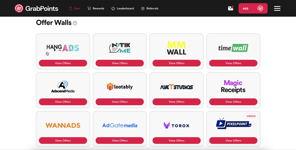 Viewing offer walls on the GrabPoints rewards site.