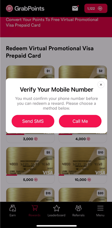 GrabPoints requesting phone number verification for reward redemptions.