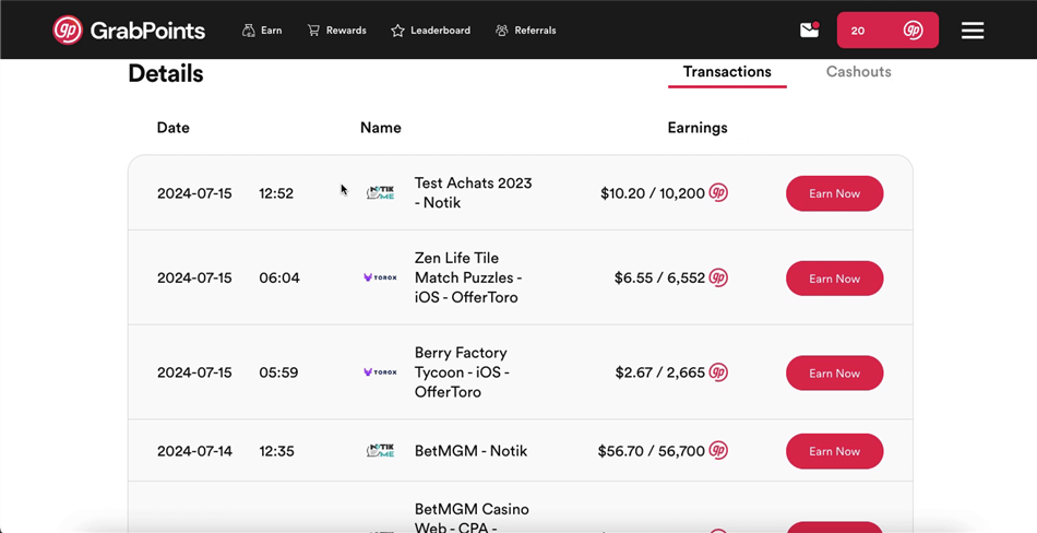 Task history of a high-ranking GrabPoints user.