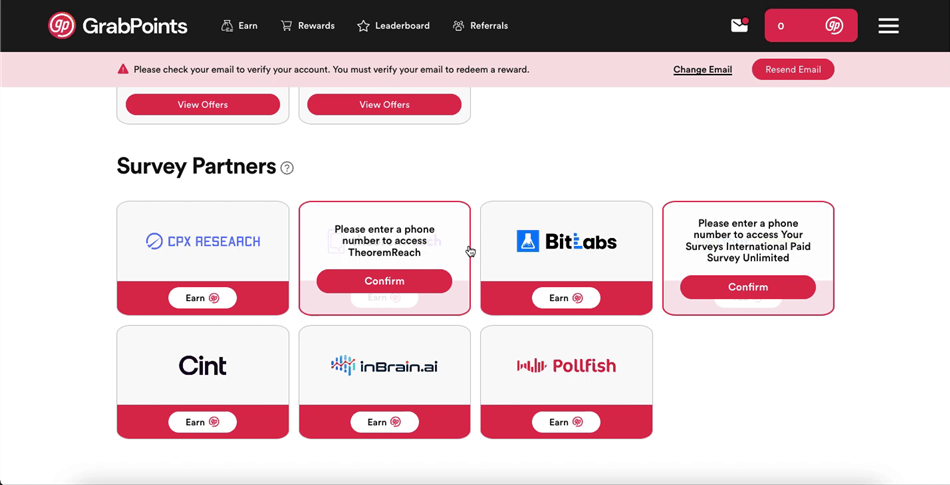 Viewing GrabPoints’ selection of Survey Partners on the website.