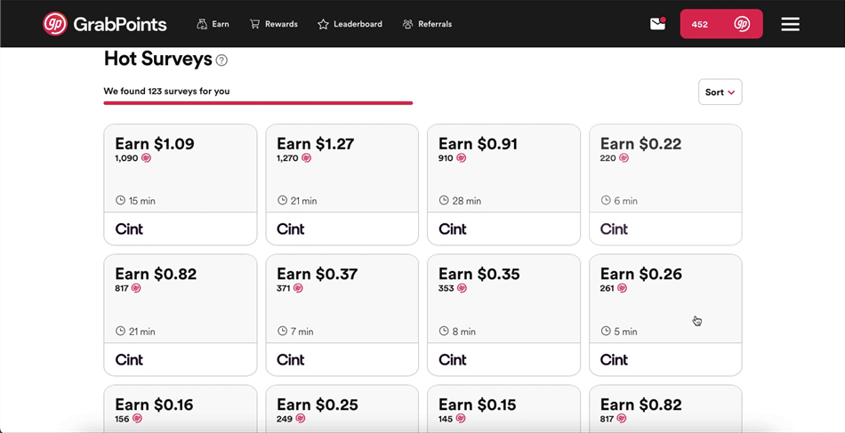 Viewing GrabPoints surveys in the “Earn” tab.