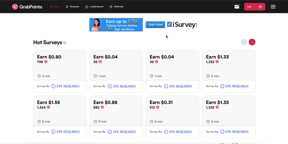 Surveys available on GrabPoints after you sign up and complete additional steps.