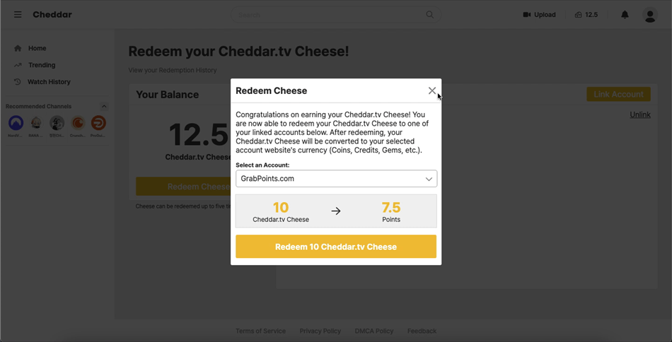 Transferring points from the video platform CheddarTV into GrabPoints rewards.