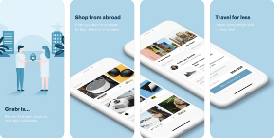 Screenshots of the Grabr mobile app showing how you can get paid to travel by doing international deliveries