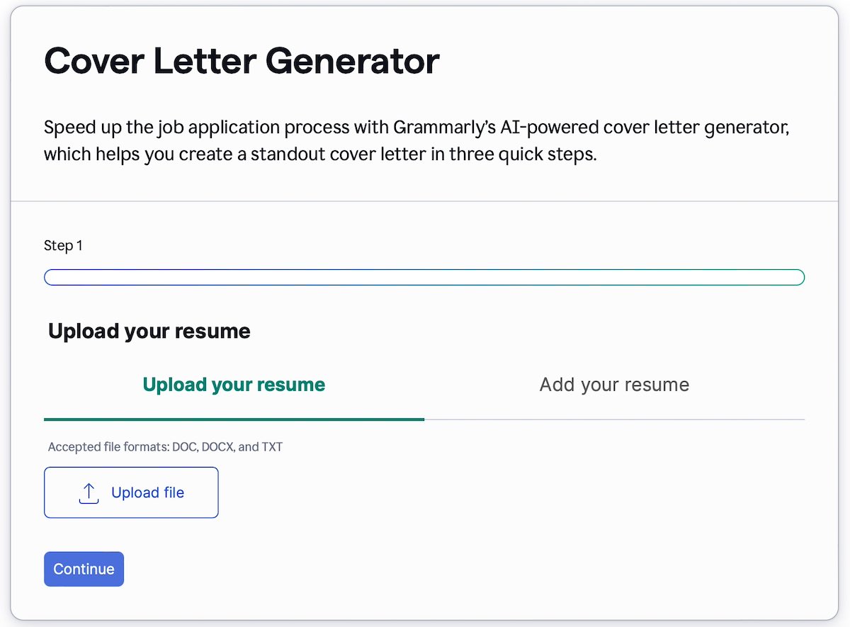 Grammarly's cover letter generator's "upload resume" screen.